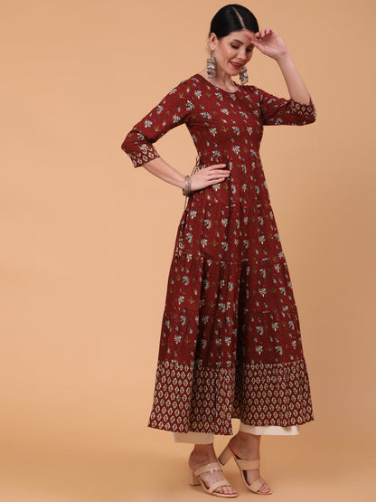 Cotton Ankle Length Printed Flared 3/4 Sleeve Round Neck Dress