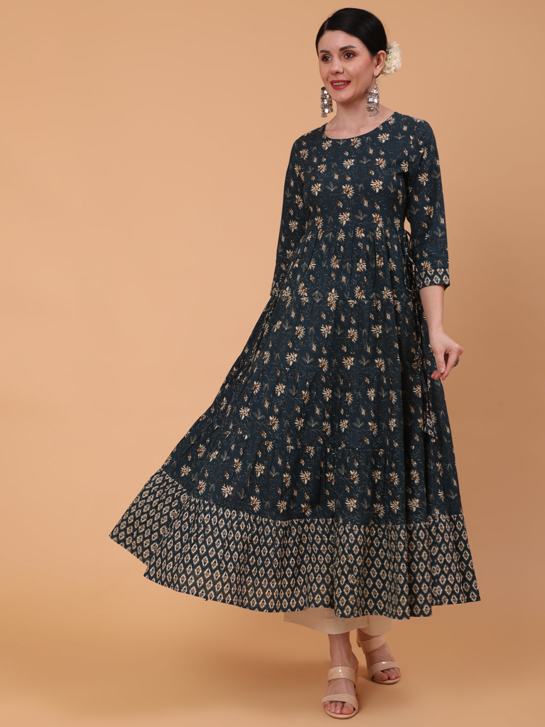 Cotton Ankle Length Printed Flared 3/4 Sleeve Round Neck Dress