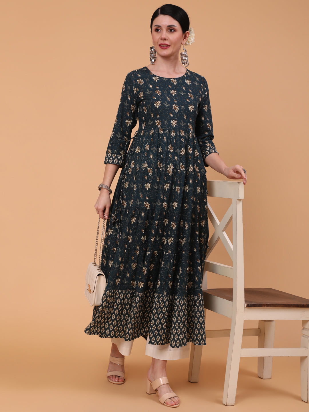 Cotton Ankle Length Printed Flared 3/4 Sleeve Round Neck Dress