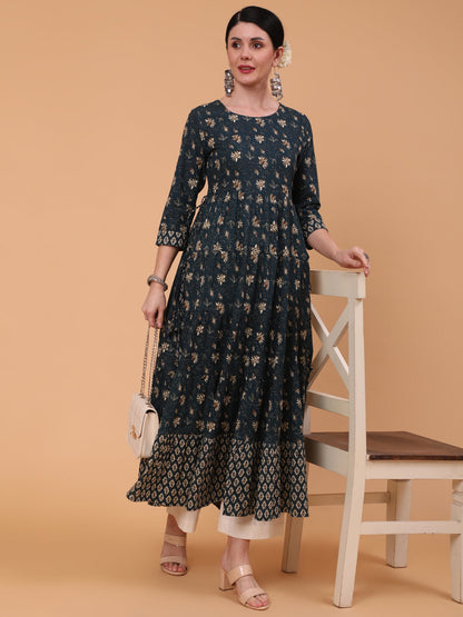 Cotton Ankle Length Printed Flared 3/4 Sleeve Round Neck Dress