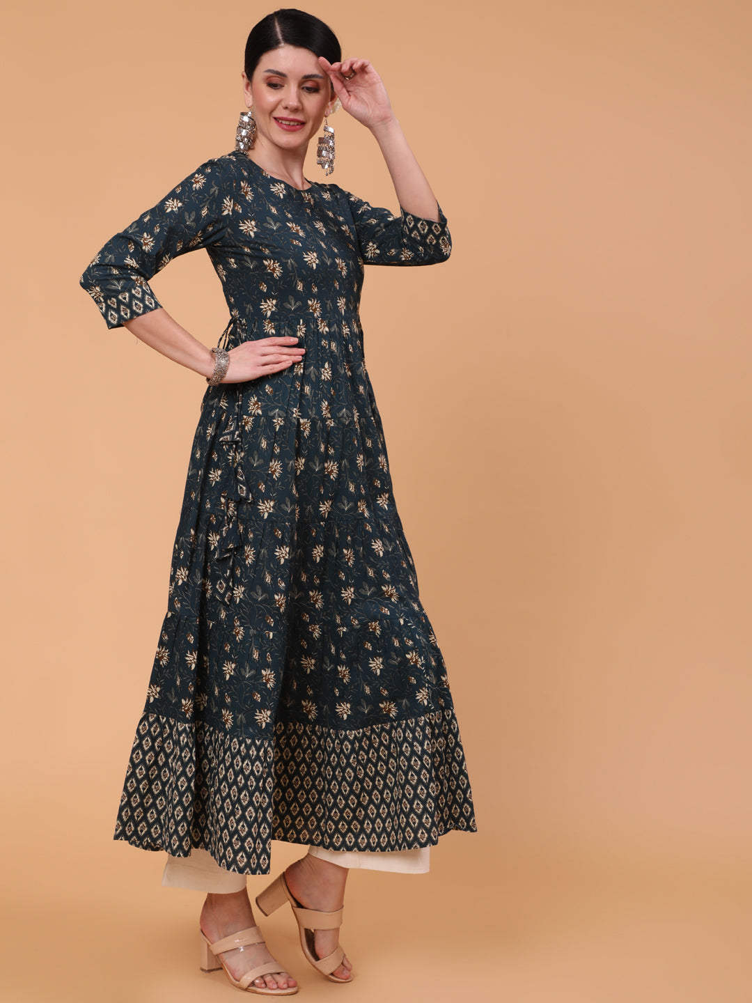 Cotton Ankle Length Printed Flared 3/4 Sleeve Round Neck Dress