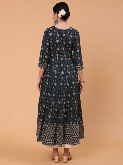 Cotton Ankle Length Printed Flared 3/4 Sleeve Round Neck Dress