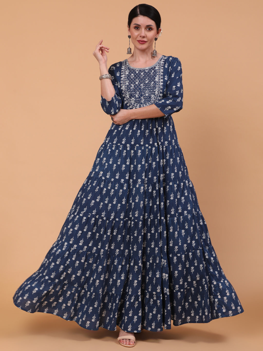 Cotton Full Length Embroidered Flared 3/4 Sleeve Round Neck Dress
