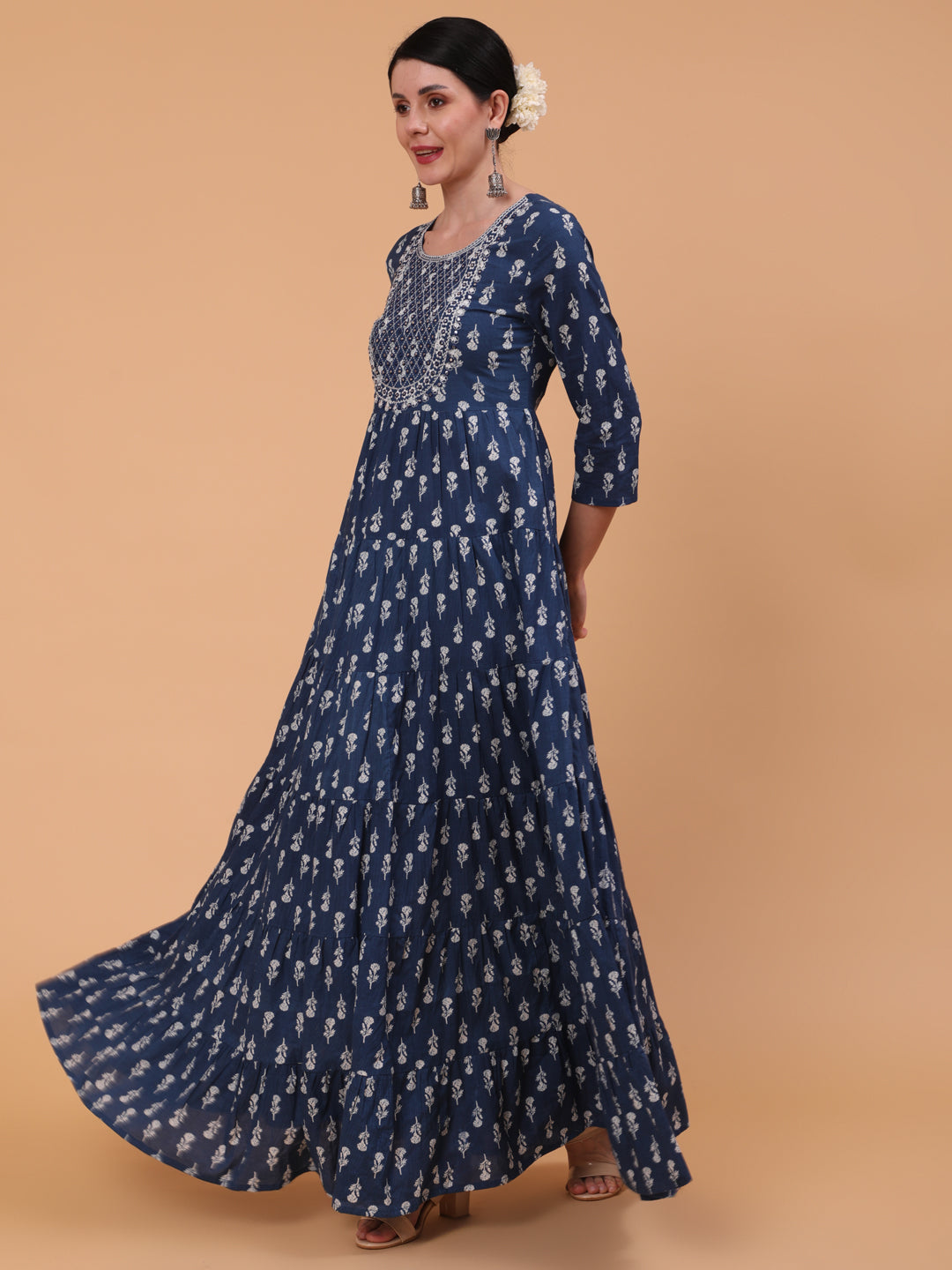 Cotton Full Length Embroidered Flared 3/4 Sleeve Round Neck Dress