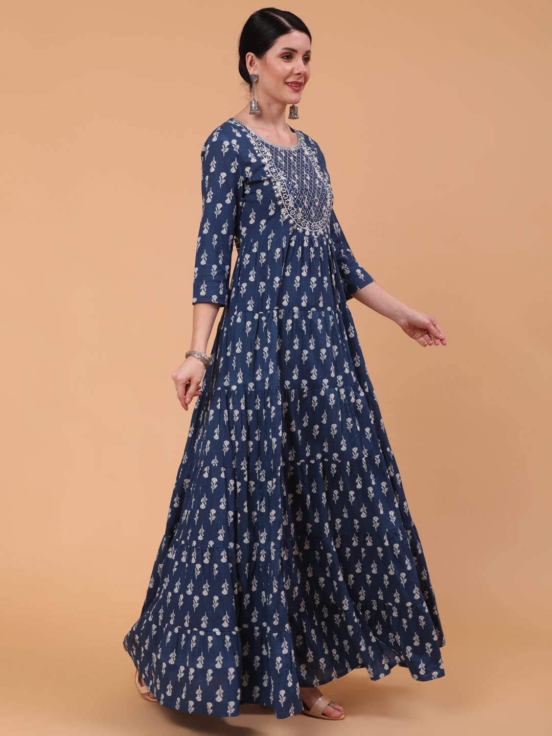 Cotton Full Length Embroidered Flared 3/4 Sleeve Round Neck Dress