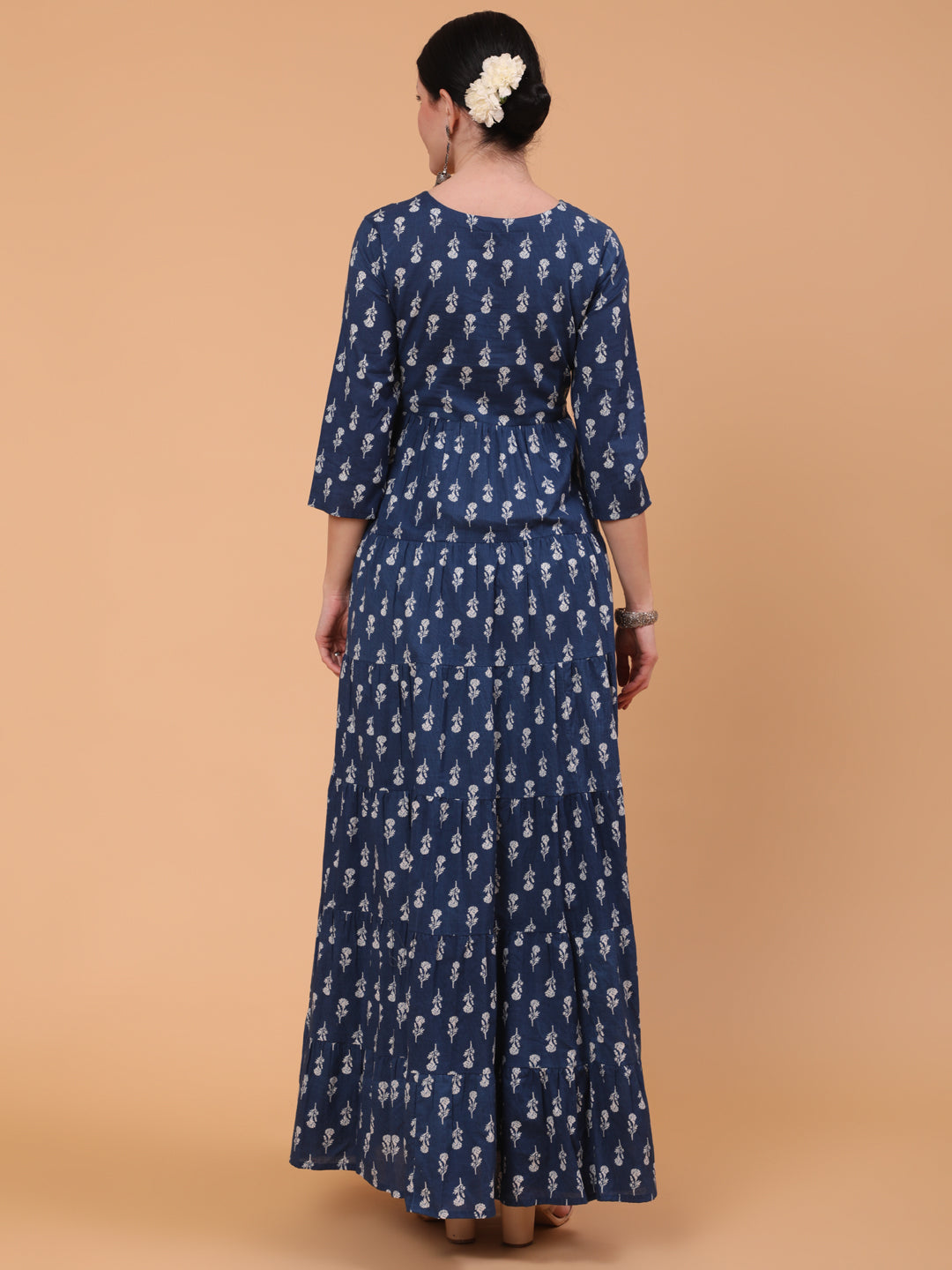 Cotton Full Length Embroidered Flared 3/4 Sleeve Round Neck Dress