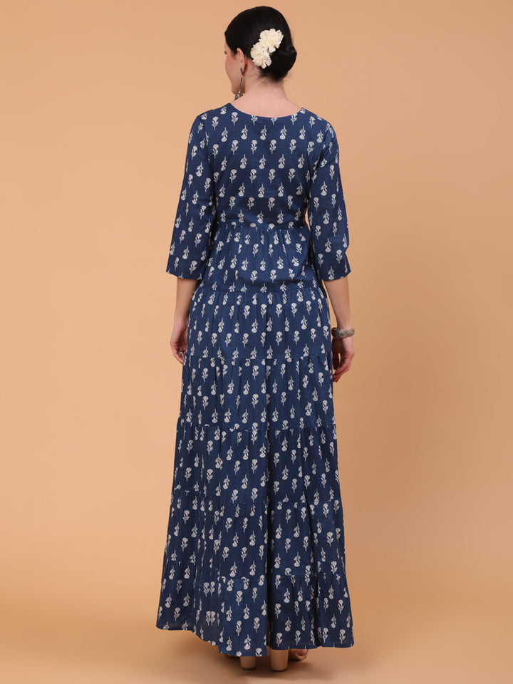 Cotton Full Length Embroidered Flared 3/4 Sleeve Round Neck Dress