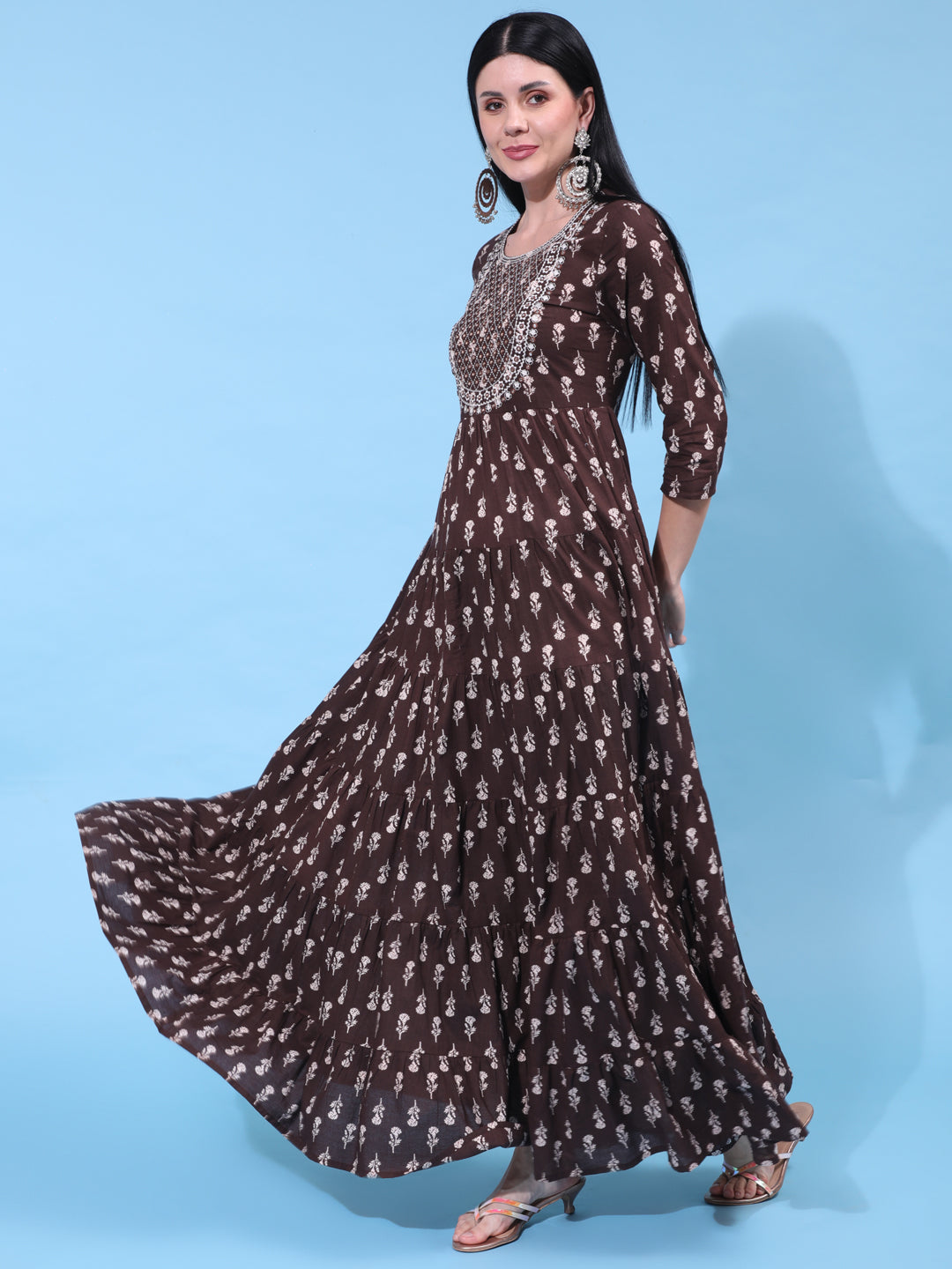 Cotton Full Length Embroidered Flared 3/4 Sleeve Round Neck Dress