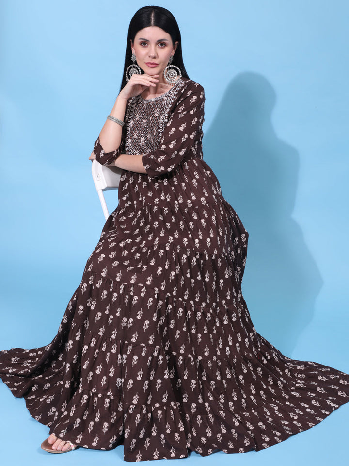 Cotton Full Length Embroidered Flared 3/4 Sleeve Round Neck Dress