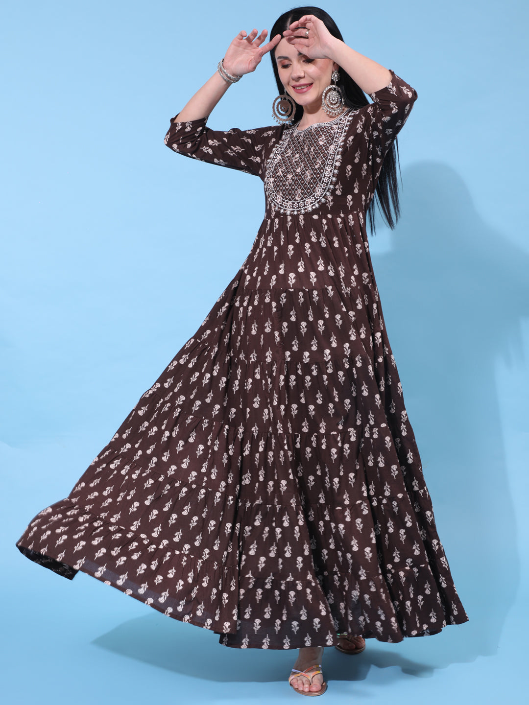 Cotton Full Length Embroidered Flared 3/4 Sleeve Round Neck Dress