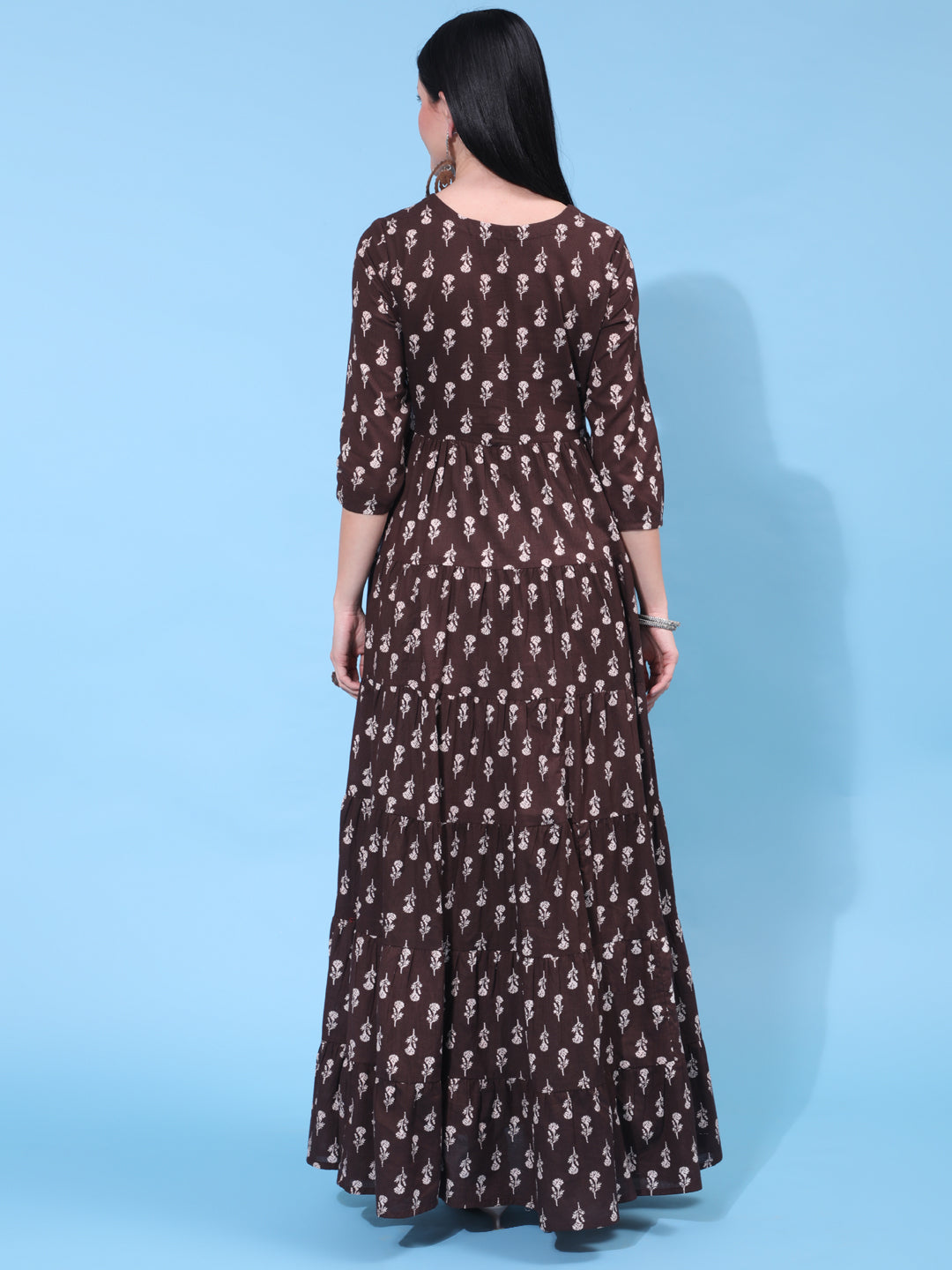 Cotton Full Length Embroidered Flared 3/4 Sleeve Round Neck Dress