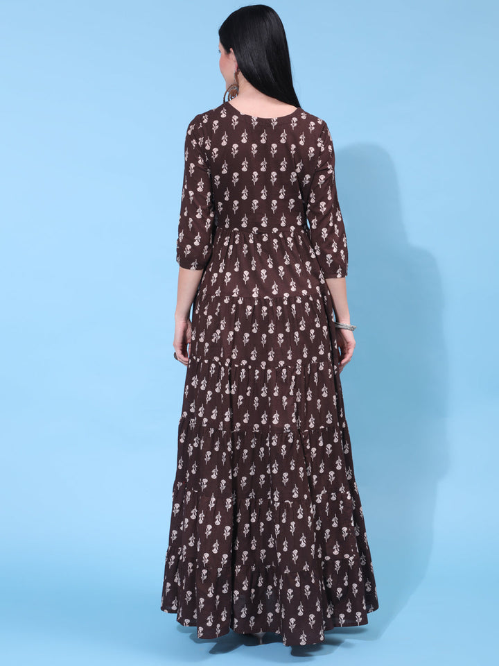 Cotton Full Length Embroidered Flared 3/4 Sleeve Round Neck Dress