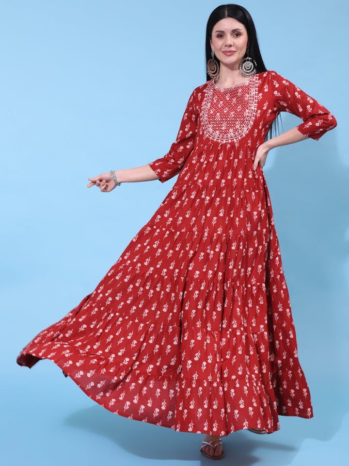 Cotton Full Length Embroidered Flared 3/4 Sleeve Round Neck Dress