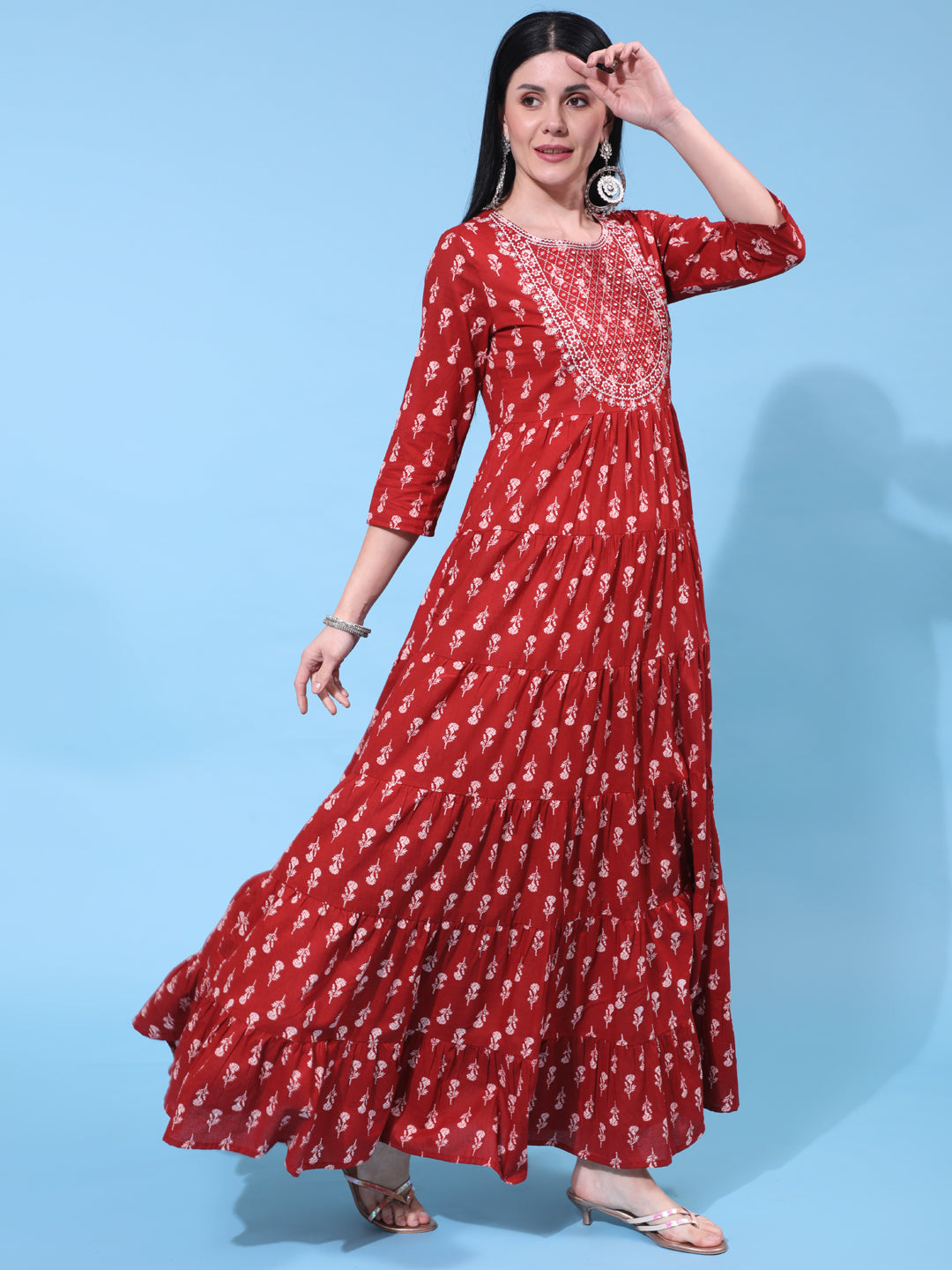 Cotton Full Length Embroidered Flared 3/4 Sleeve Round Neck Dress