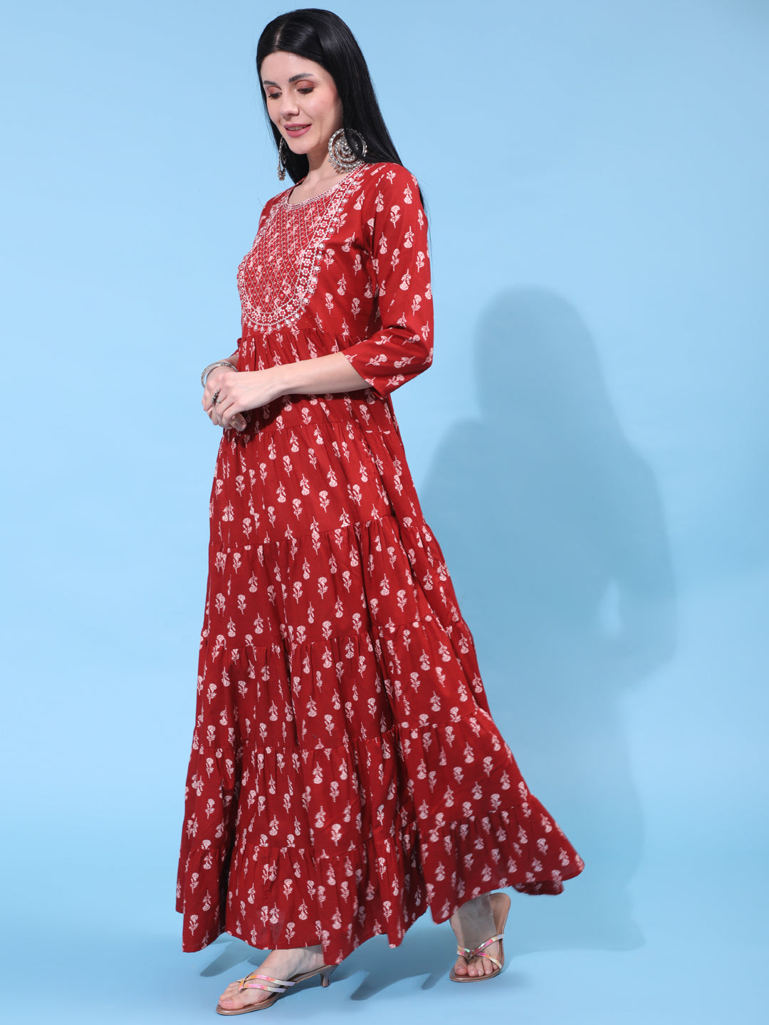 Cotton Full Length Embroidered Flared 3/4 Sleeve Round Neck Dress