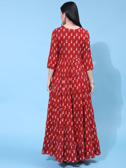 Cotton Full Length Embroidered Flared 3/4 Sleeve Round Neck Dress