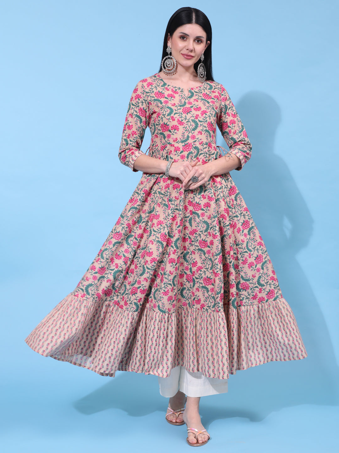 Cotton Ankle Length Printed Flared 3/4 Sleeve Round Neck Dress