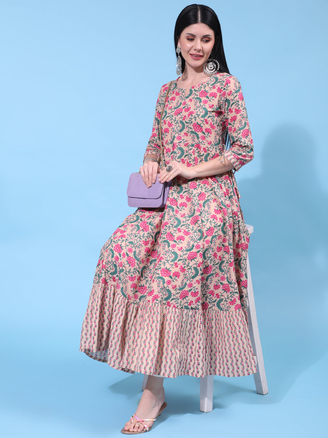 Cotton Ankle Length Printed Flared 3/4 Sleeve Round Neck Dress