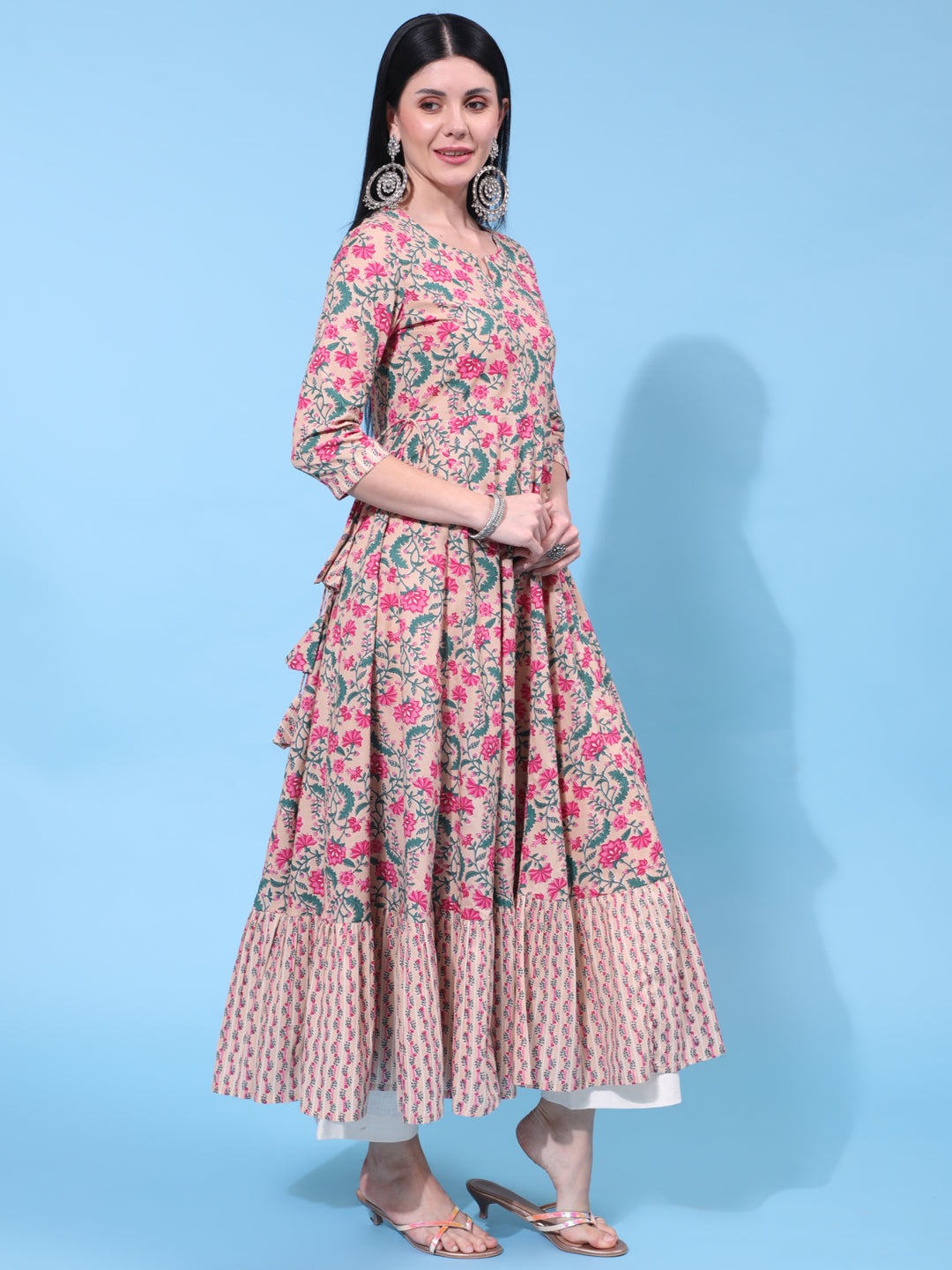 Cotton Ankle Length Printed Flared 3/4 Sleeve Round Neck Dress