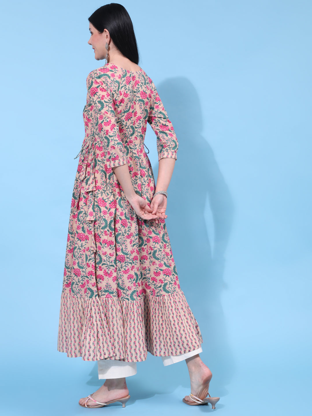 Cotton Ankle Length Printed Flared 3/4 Sleeve Round Neck Dress