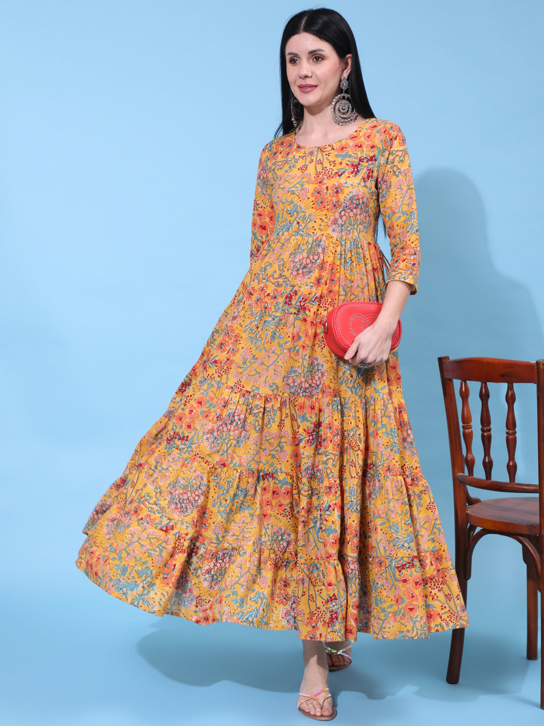 Cotton Ankle Length Printed Flared 3/4 Sleeve Round Neck Dress