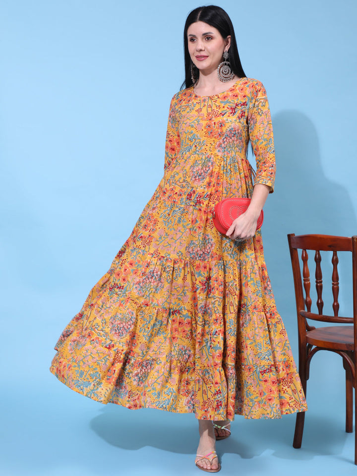 Cotton Ankle Length Printed Flared 3/4 Sleeve Round Neck Dress