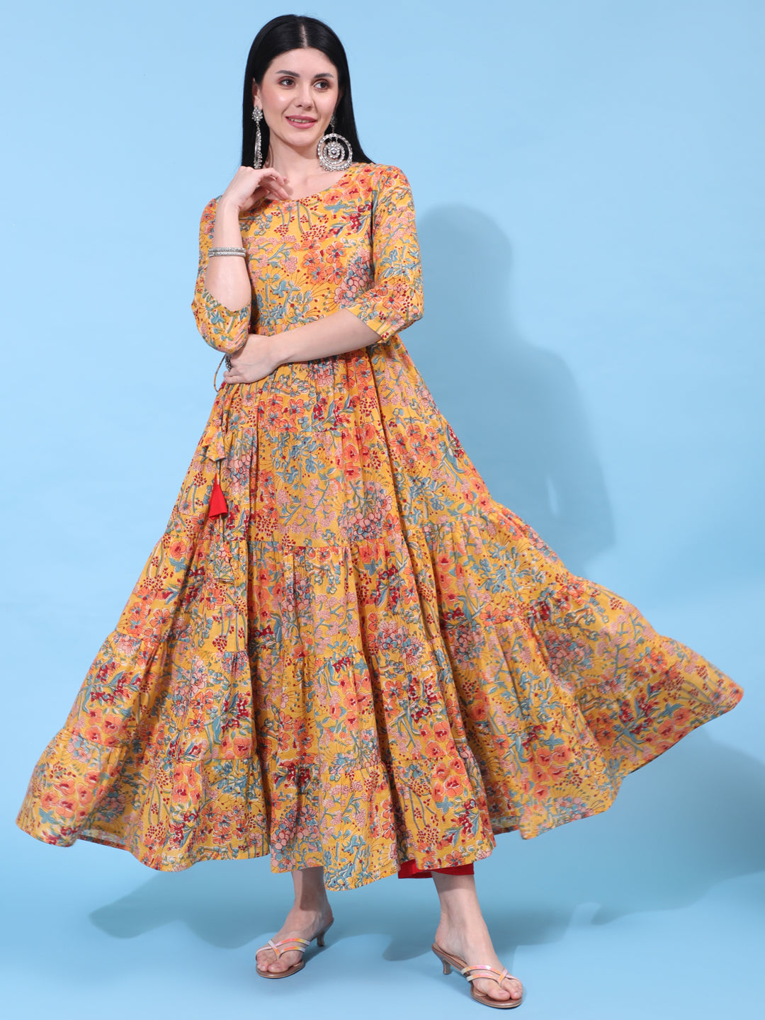 Cotton Ankle Length Printed Flared 3/4 Sleeve Round Neck Dress