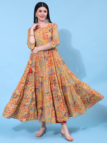 Cotton Ankle Length Printed Flared 3/4 Sleeve Round Neck Dress