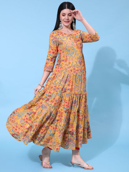 Cotton Ankle Length Printed Flared 3/4 Sleeve Round Neck Dress