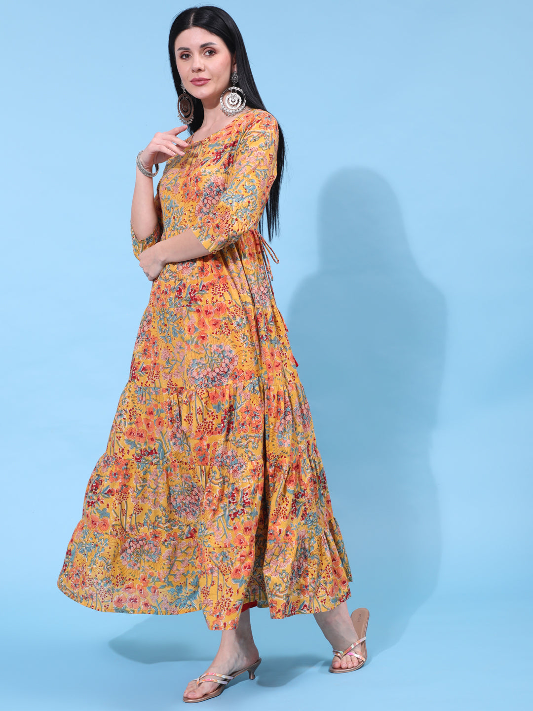 Cotton Ankle Length Printed Flared 3/4 Sleeve Round Neck Dress