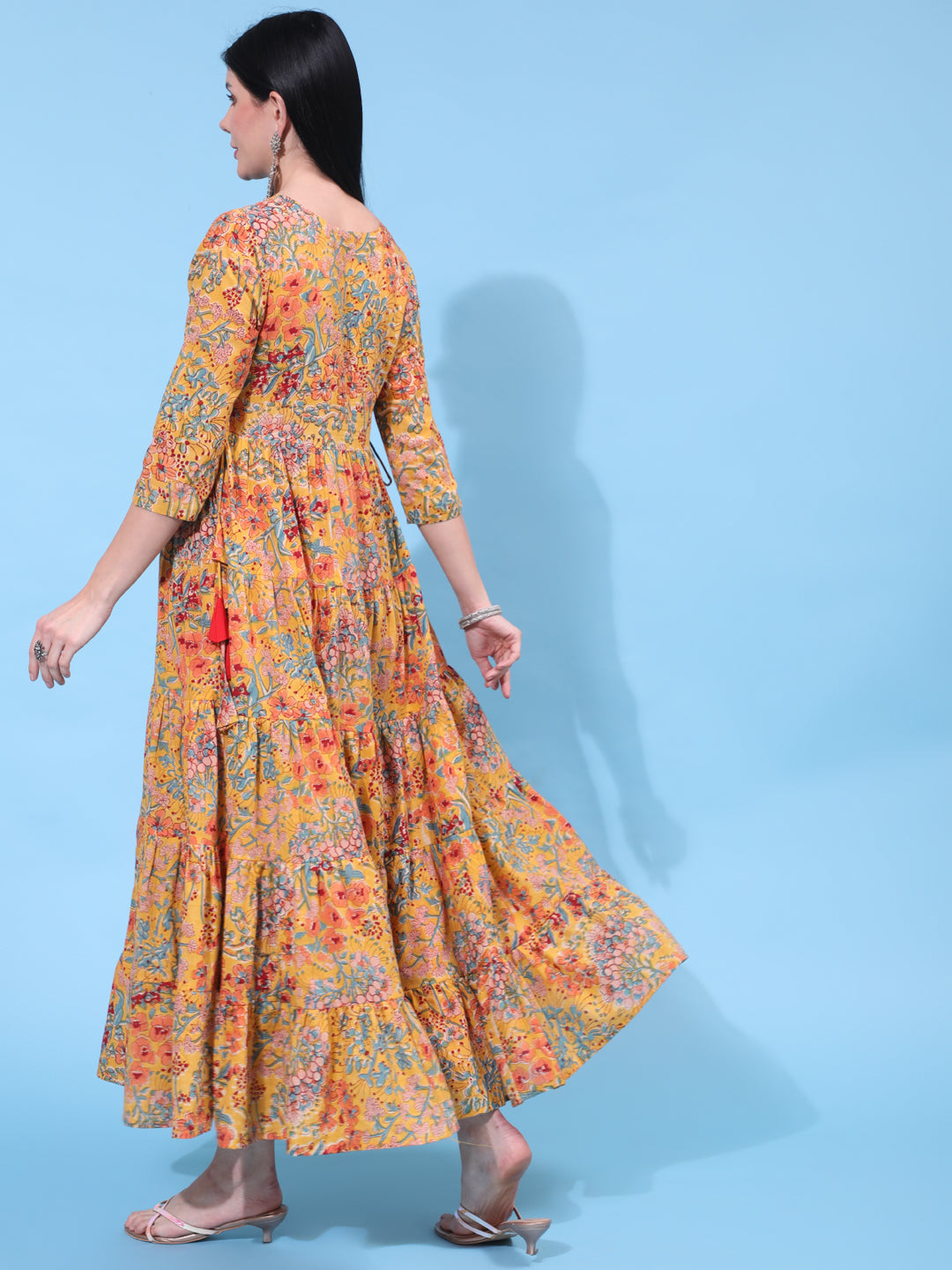 Cotton Ankle Length Printed Flared 3/4 Sleeve Round Neck Dress