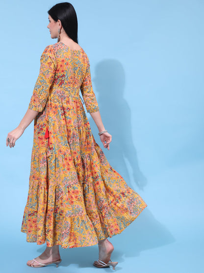 Cotton Ankle Length Printed Flared 3/4 Sleeve Round Neck Dress