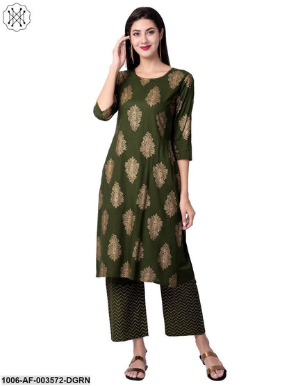 Women's Straight Rayon Printed Kurta Pant Set (Olive)
