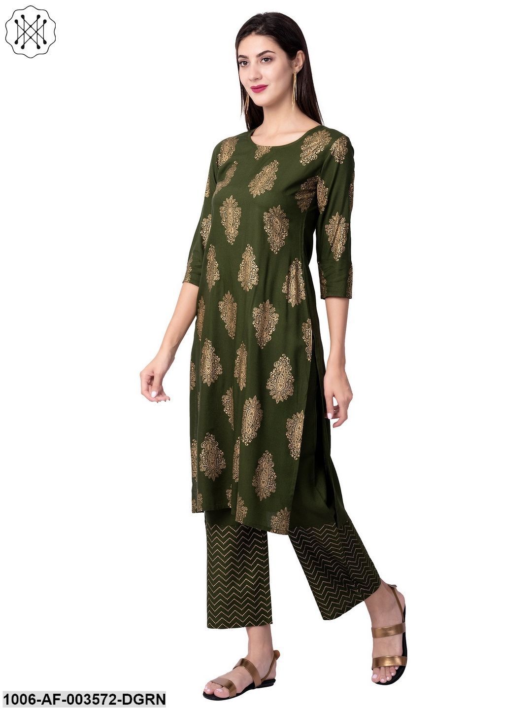 Women's Straight Rayon Printed Kurta Pant Set (Olive)