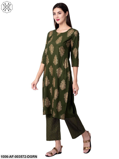 Women's Straight Rayon Printed Kurta Pant Set (Olive)
