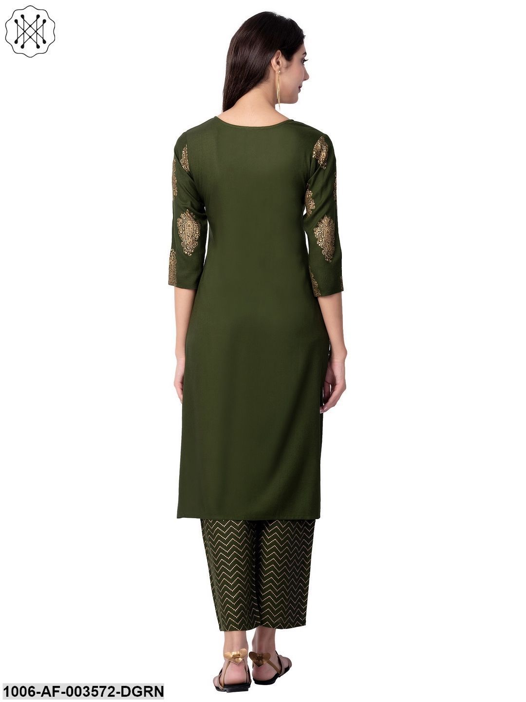 Women's Straight Rayon Printed Kurta Pant Set (Olive)