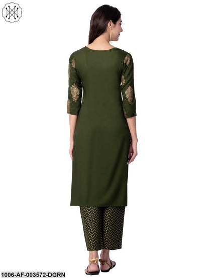 Women's Straight Rayon Printed Kurta Pant Set (Olive)