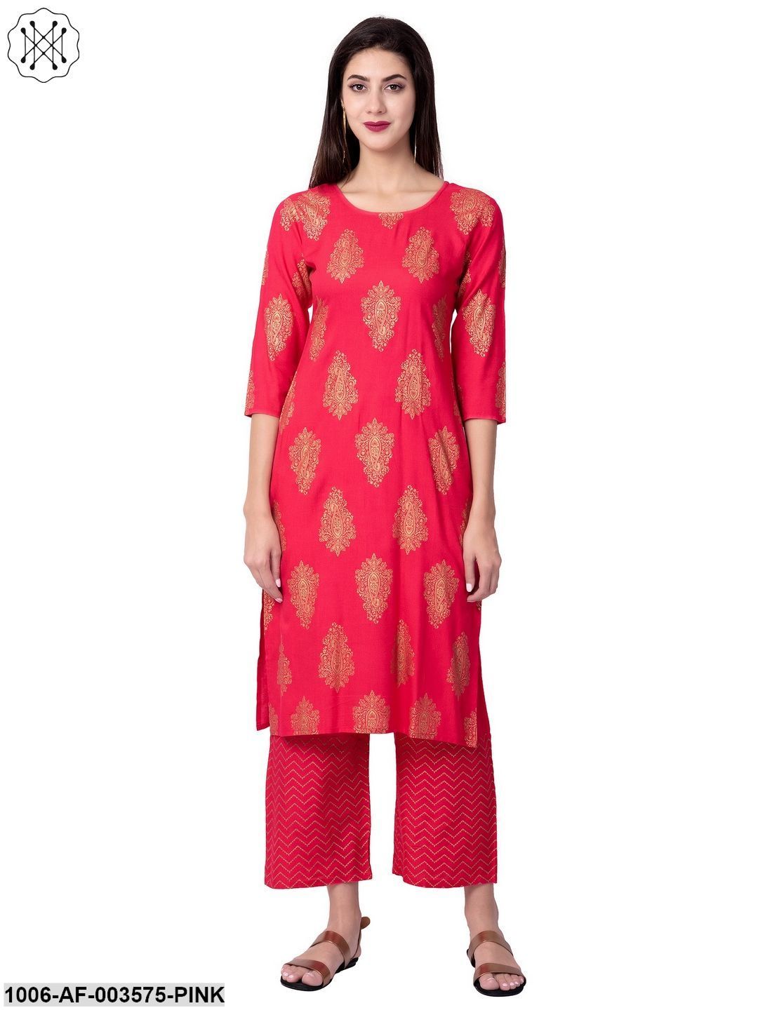 Women's Straight Rayon Printed Kurta Pant Set (Pink)
