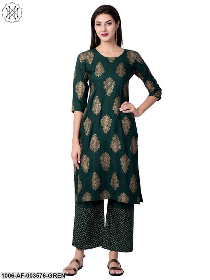 Women's Straight Rayon Printed Kurta Pant Set (Green)