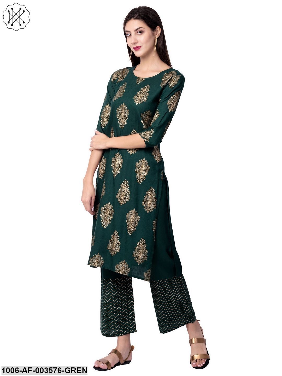Women's Straight Rayon Printed Kurta Pant Set (Green)