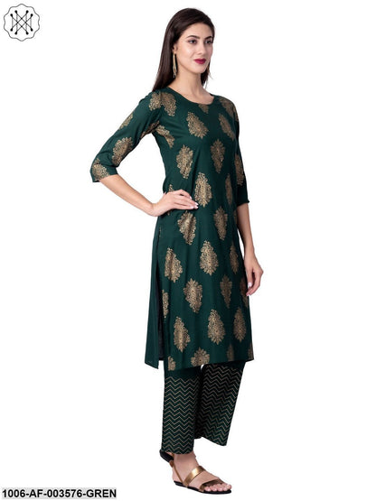 Women's Straight Rayon Printed Kurta Pant Set (Green)