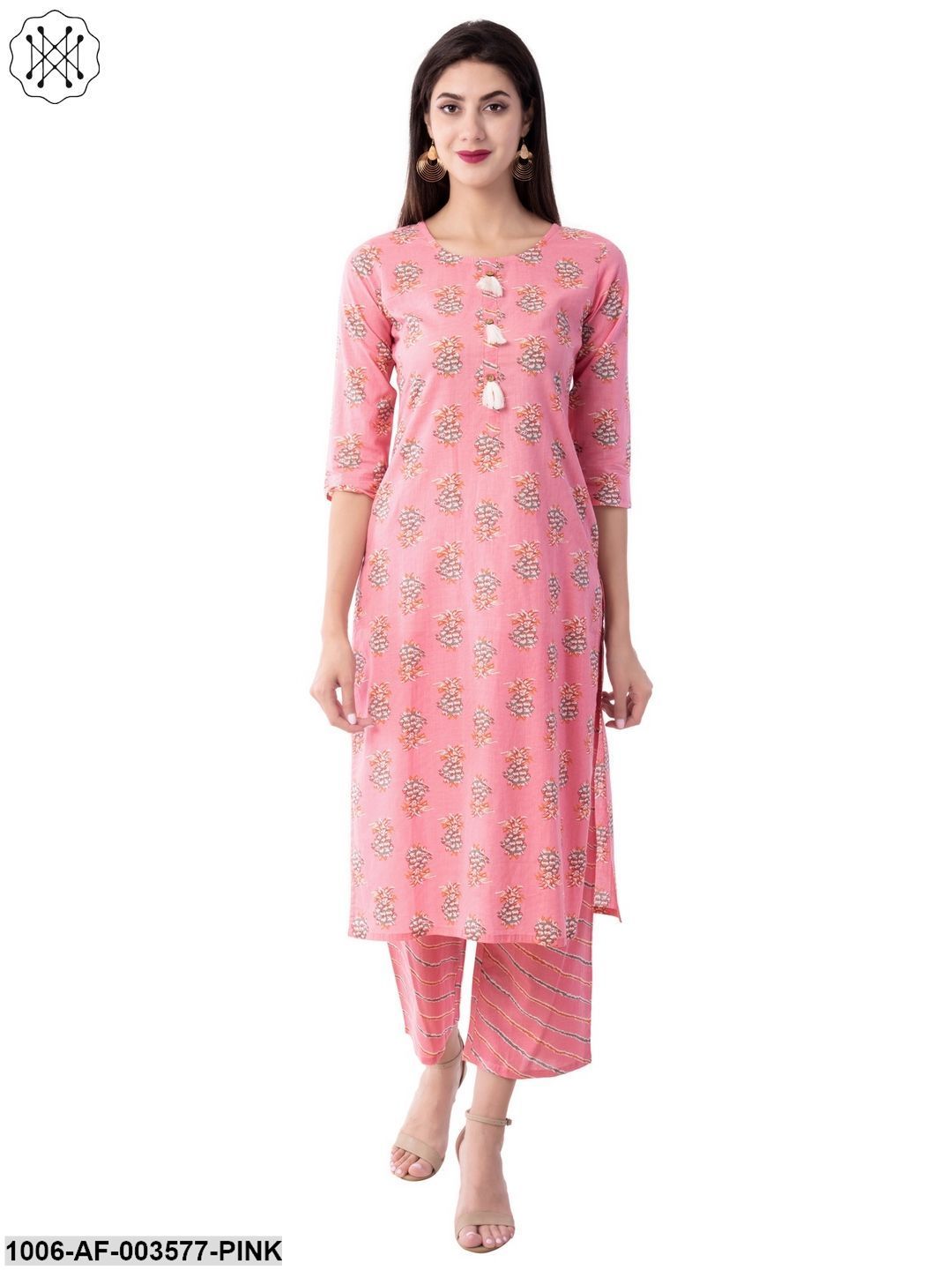 Women's Straight Cotton Printed Kurta Pant Set (Pink)