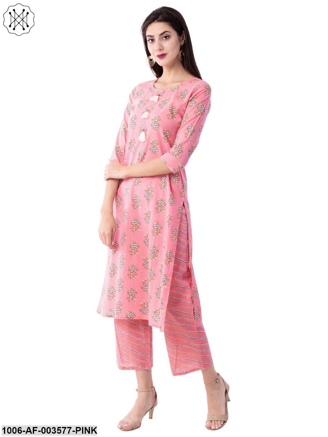 Women's Straight Cotton Printed Kurta Pant Set (Pink)