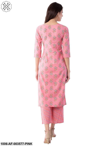 Women's Straight Cotton Printed Kurta Pant Set (Pink)