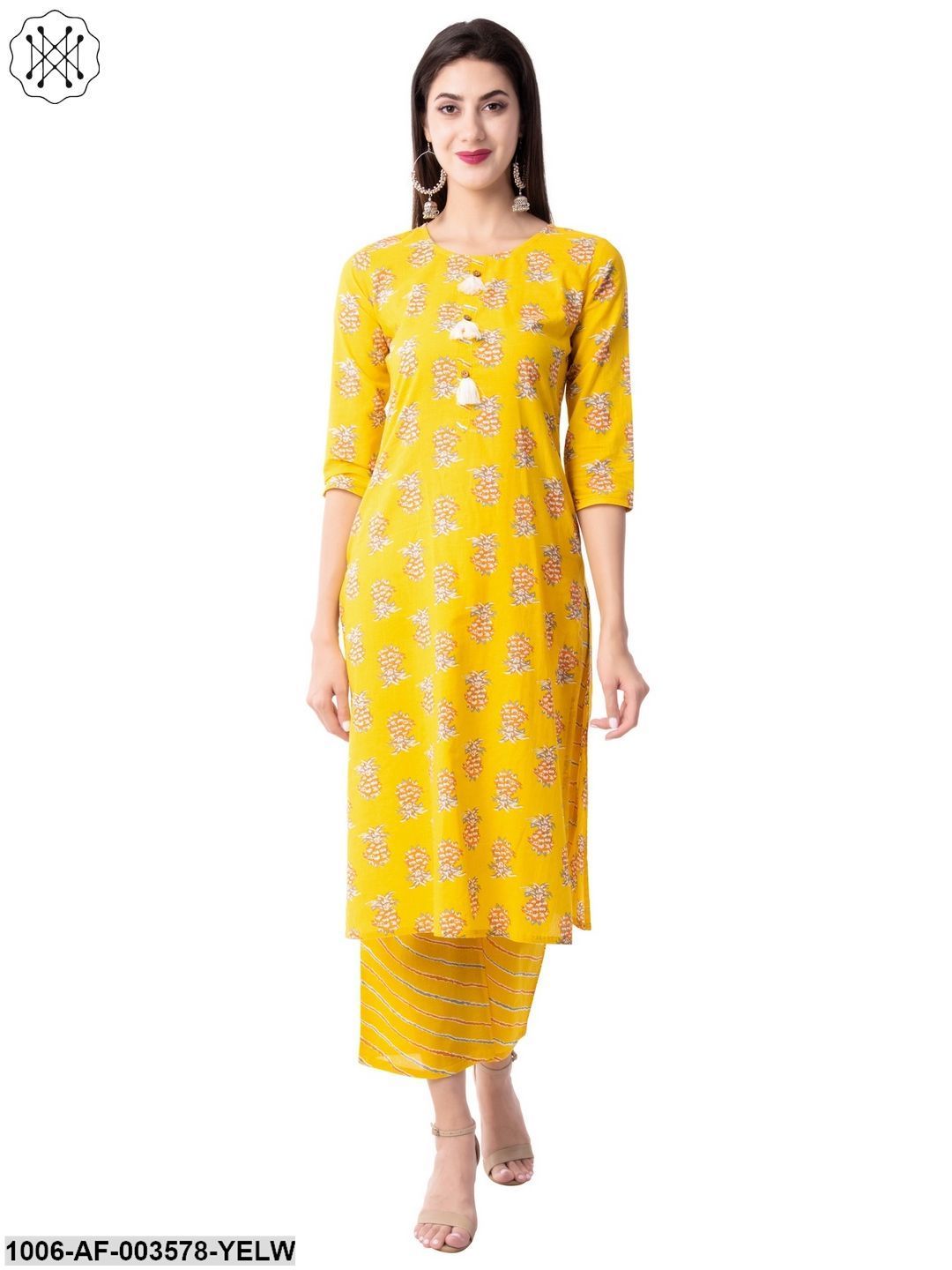 Women's Straight Cotton Printed Kurta Pant Set (Yellow)