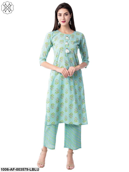 Women's Straight Cotton Printed Kurta Pant Set (Blue)