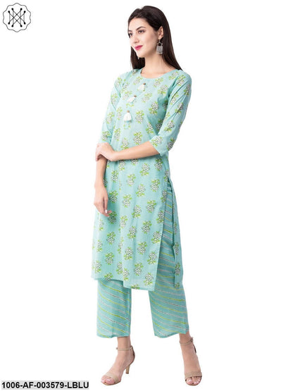 Women's Straight Cotton Printed Kurta Pant Set (Blue)