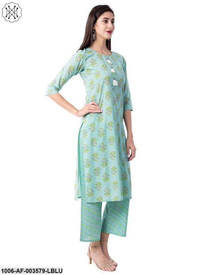 Women's Straight Cotton Printed Kurta Pant Set (Blue)