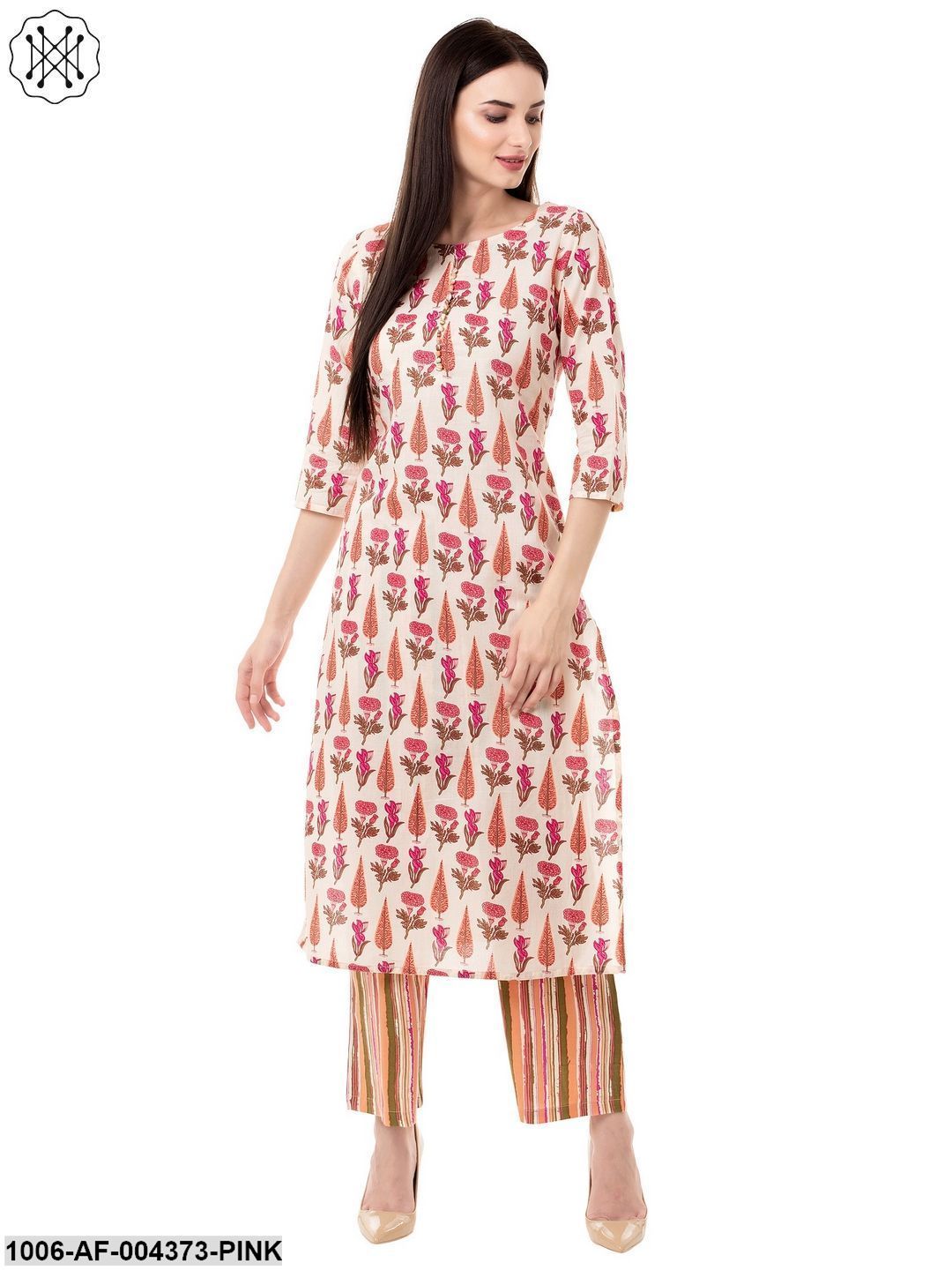 Women's Straight Cotton Printed Kurta Pant Set (Pink)