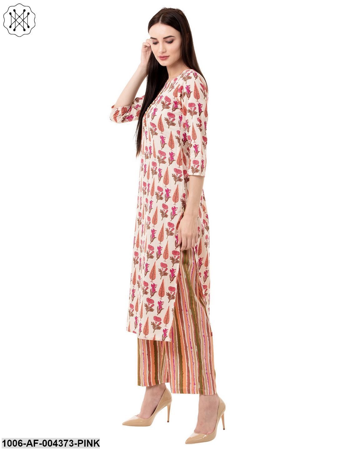 Women's Straight Cotton Printed Kurta Pant Set (Pink)